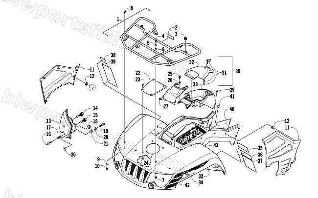 FRONT RACK, BODY PANEL, AND HEADLIGHT ASSEMBLIES diagram