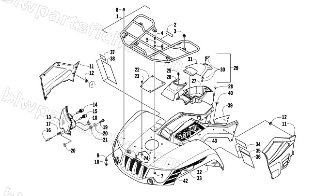 FRONT RACK, BODY PANEL, AND HEADLIGHT ASSEMBLIES diagram