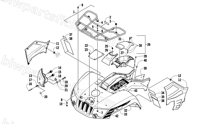 FRONT RACK, BODY PANEL, AND HEADLIGHT ASSEMBLIES diagram