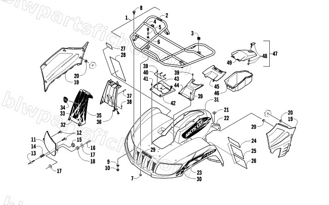 FRONT RACK, BODY PANEL, AND HEADLIGHT ASSEMBLIES diagram