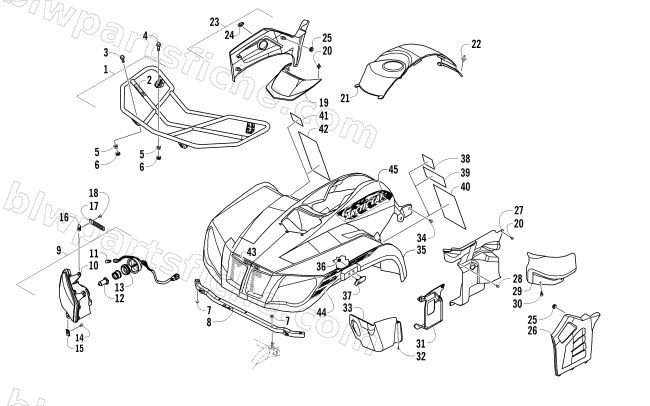 FRONT RACK, BODY PANEL, AND HEADLIGHT ASSEMBLIES diagram