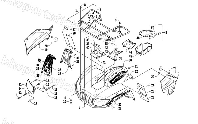 FRONT RACK, BODY PANEL, AND HEADLIGHT ASSEMBLIES diagram