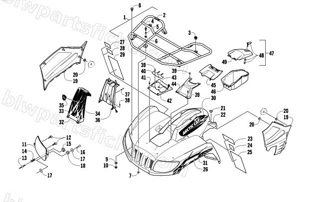 FRONT RACK, BODY PANEL, AND HEADLIGHT ASSEMBLIES diagram