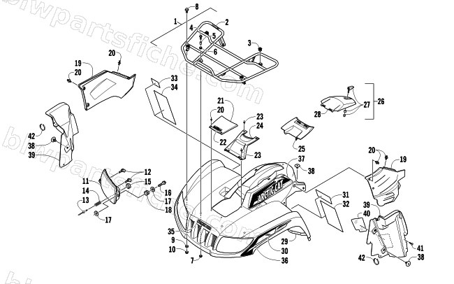 FRONT RACK, BODY PANEL, AND HEADLIGHT ASSEMBLIES diagram