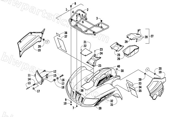 FRONT RACK, BODY PANEL, AND HEADLIGHT ASSEMBLIES diagram
