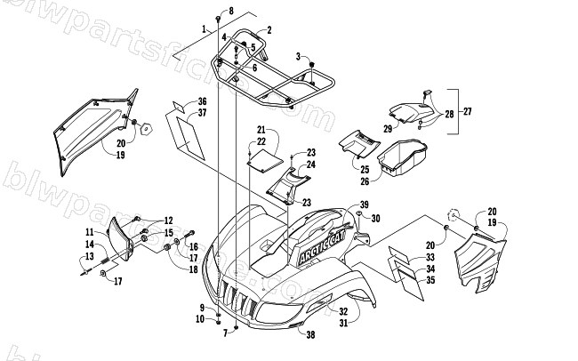 FRONT RACK, BODY PANEL, AND HEADLIGHT ASSEMBLIES diagram