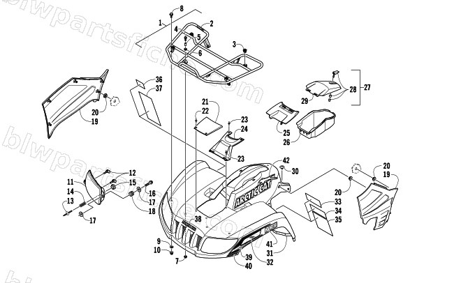 FRONT RACK, BODY PANEL, AND HEADLIGHT ASSEMBLIES diagram