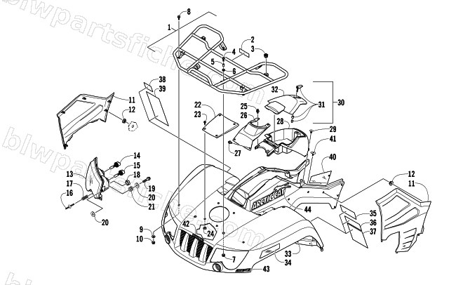 FRONT RACK, BODY PANEL, AND HEADLIGHT ASSEMBLIES diagram