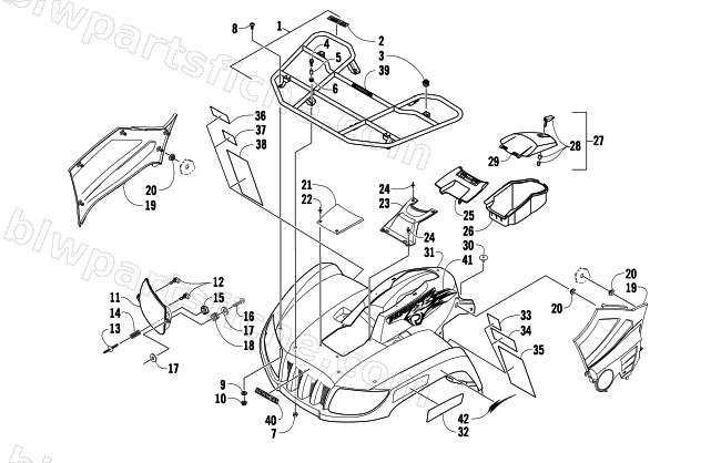 FRONT RACK, BODY PANEL, AND HEADLIGHT ASSEMBLIES diagram