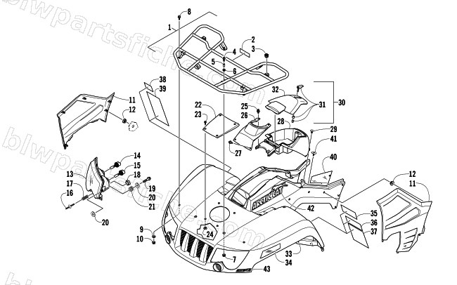 FRONT RACK, BODY PANEL, AND HEADLIGHT ASSEMBLIES diagram