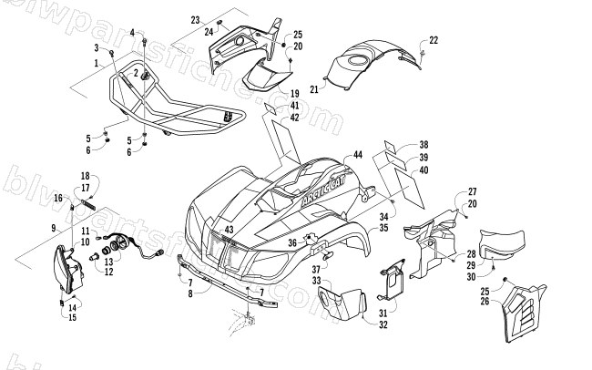 FRONT RACK, BODY PANEL, AND HEADLIGHT ASSEMBLIES diagram