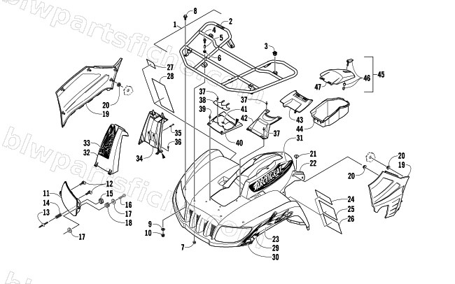 FRONT RACK, BODY PANEL, AND HEADLIGHT ASSEMBLIES diagram