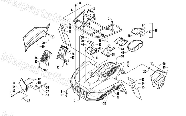 FRONT RACK, BODY PANEL, AND HEADLIGHT ASSEMBLIES diagram