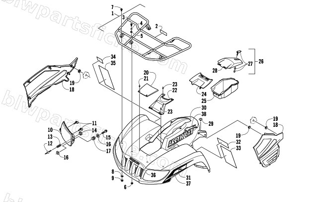 FRONT RACK, BODY PANEL, AND HEADLIGHT ASSEMBLIES diagram