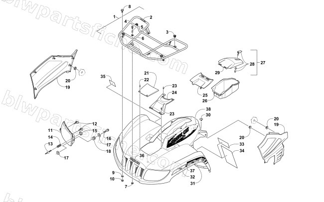 FRONT RACK, BODY PANEL, AND HEADLIGHT ASSEMBLIES (Black) diagram