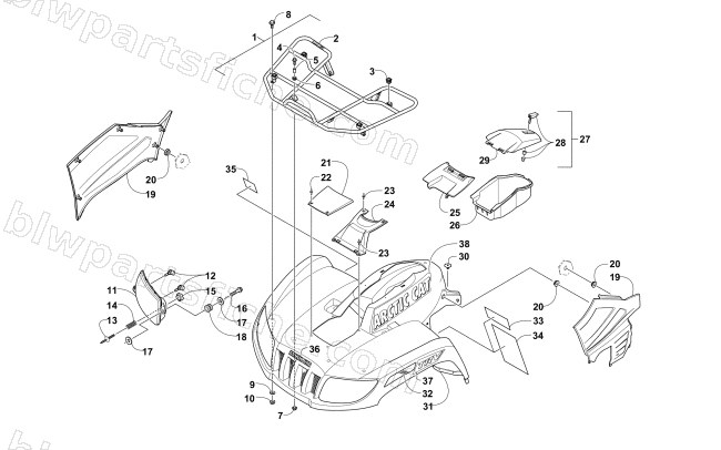 FRONT RACK, BODY PANEL, AND HEADLIGHT ASSEMBLIES (Camo) diagram
