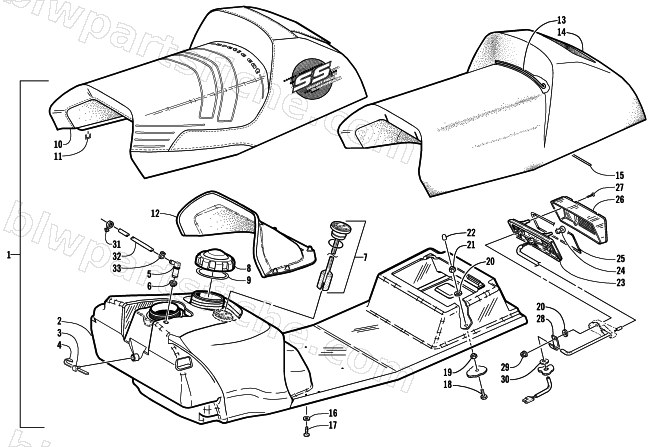 GAS TANK, SEAT, AND TAILLIGHT ASSEMBLY diagram