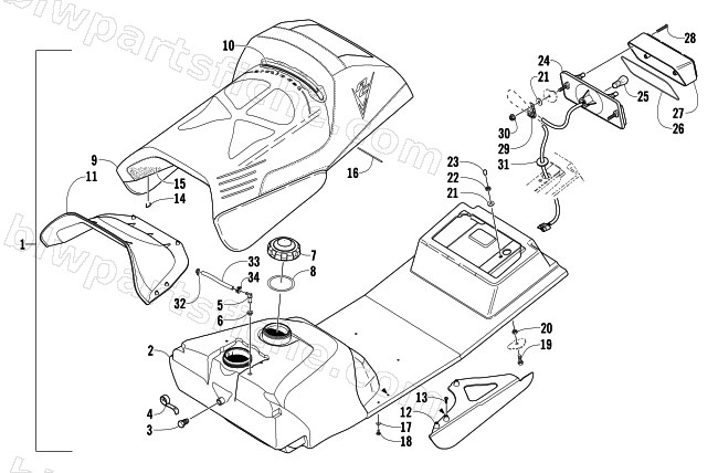 GAS TANK, SEAT, AND TAILLIGHT ASSEMBLY diagram