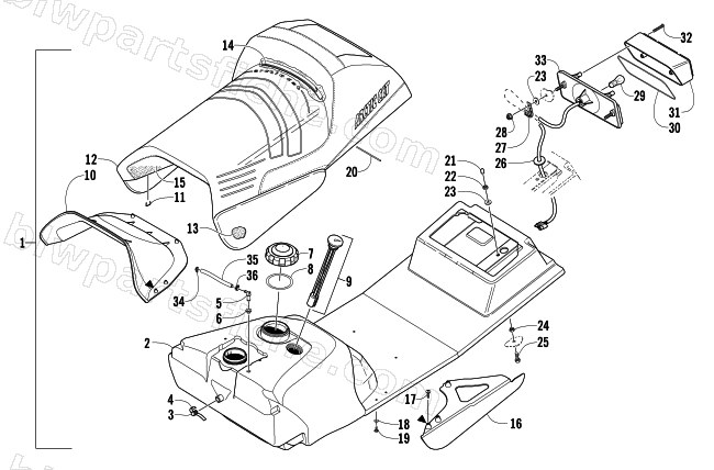 GAS TANK, SEAT, AND TAILLIGHT ASSEMBLY diagram