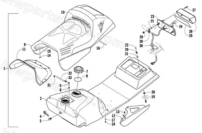 GAS TANK, SEAT, AND TAILLIGHT ASSEMBLY diagram