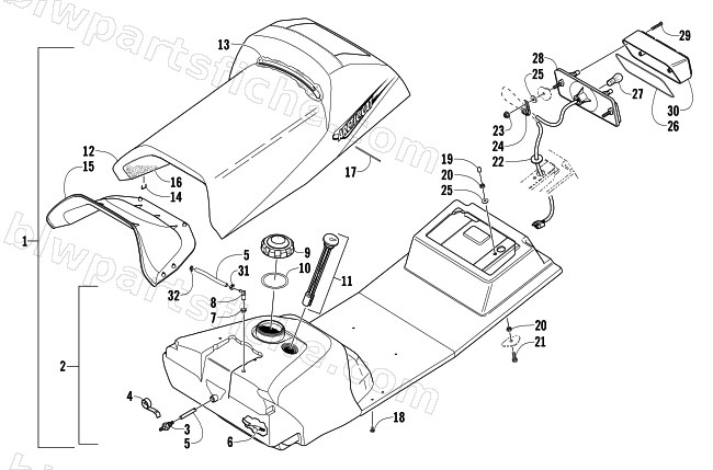 GAS TANK, SEAT, AND TAILLIGHT ASSEMBLY diagram