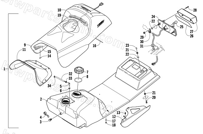 GAS TANK, SEAT, AND TAILLIGHT ASSEMBLY diagram