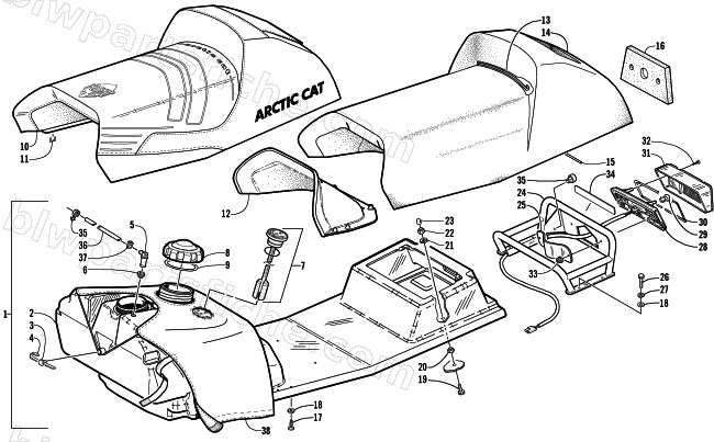 GAS TANK, SEAT, RACK, AND TAILLIGHT ASSEMBLY diagram