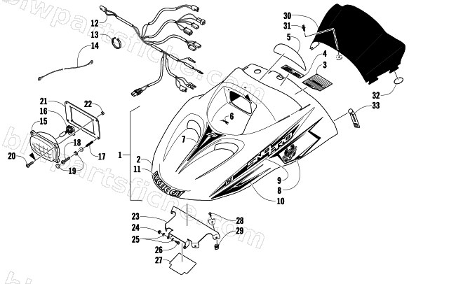 HOOD, HEADLIGHT, AND WINDSHIELD ASSEMBLY diagram