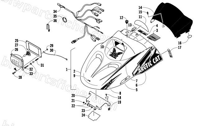 HOOD, HEADLIGHT, AND WINDSHIELD ASSEMBLY diagram