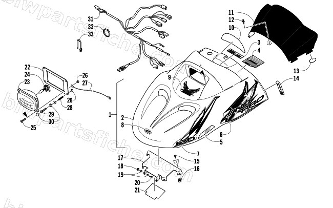 HOOD, HEADLIGHT, AND WINDSHIELD ASSEMBLY diagram
