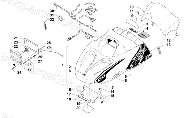 HOOD, HEADLIGHT, AND WINDSHIELD ASSEMBLY diagram