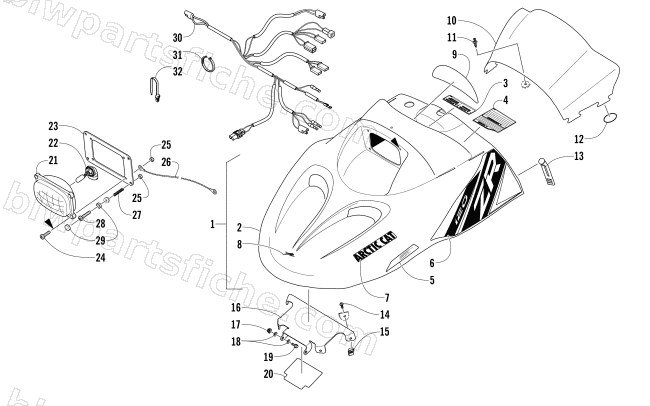 HOOD, HEADLIGHT, AND WINDSHIELD ASSEMBLY diagram
