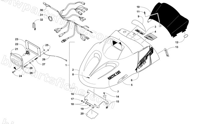 HOOD, HEADLIGHT, AND WINDSHIELD ASSEMBLY diagram