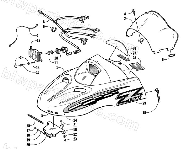 HOOD, HEADLIGHT, AND WINDSHIELD ASSEMBLY diagram