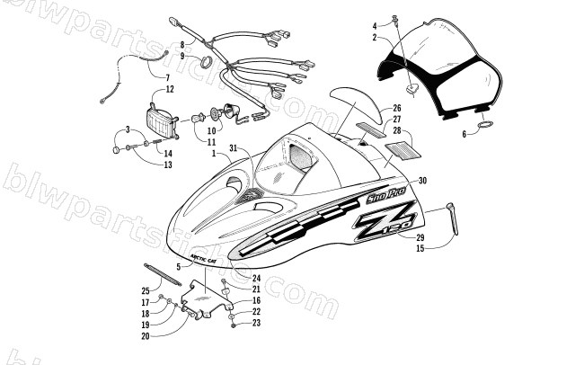 HOOD, HEADLIGHT, AND WINDSHIELD ASSEMBLY diagram