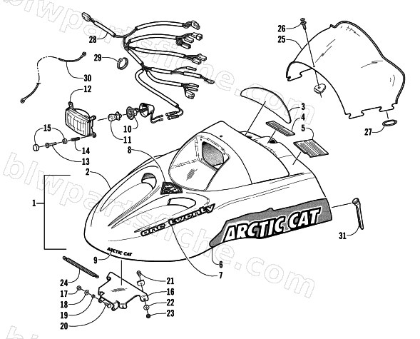HOOD, HEADLIGHT, AND WINDSHIELD ASSEMBLY diagram