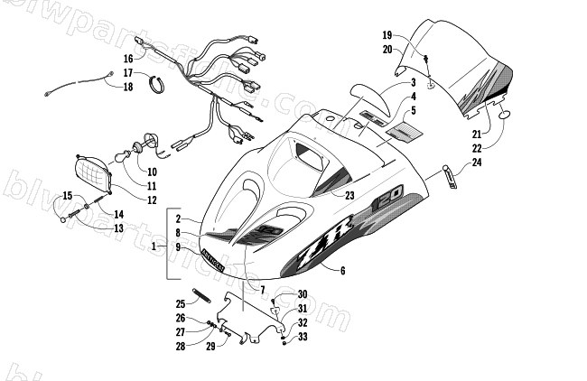 HOOD, HEADLIGHT, AND WINDSHIELD ASSEMBLY diagram
