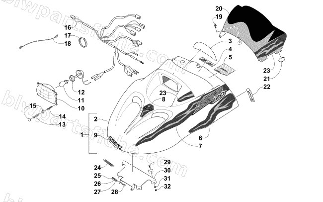 HOOD, HEADLIGHT, AND WINDSHIELD ASSEMBLY diagram