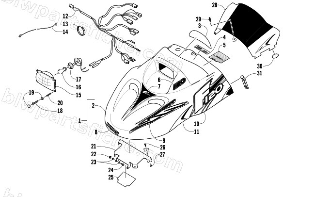 HOOD, HEADLIGHT, AND WINDSHIELD ASSEMBLY diagram