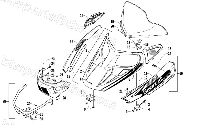 HOOD, WINDSHIELD, AND FRONT BUMBER ASSEMBLY diagram