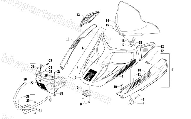 HOOD, WINDSHIELD, AND FRONT BUMBER ASSEMBLY diagram