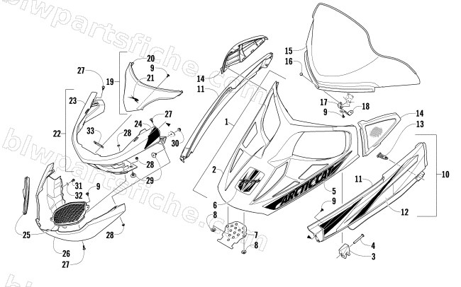 HOOD, WINDSHIELD, AND FRONT BUMBER ASSEMBLY diagram