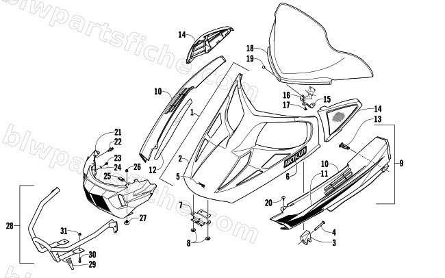 HOOD, WINDSHIELD, AND FRONT BUMBER ASSEMBLY diagram