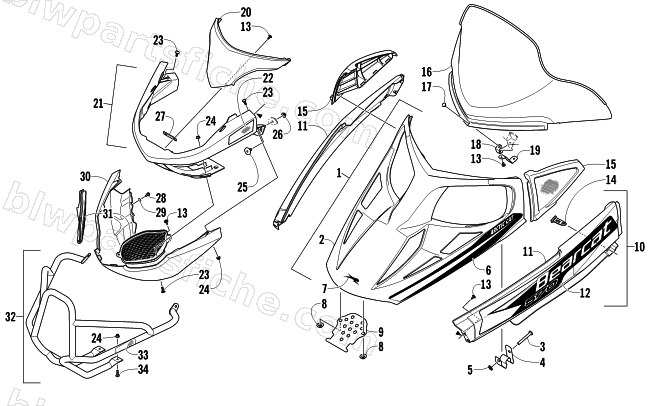 HOOD, WINDSHIELD, AND FRONT BUMBER ASSEMBLY diagram