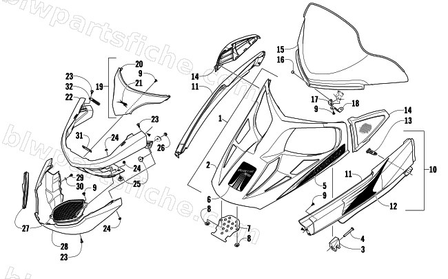 HOOD, WINDSHIELD, AND FRONT BUMBER ASSEMBLY diagram