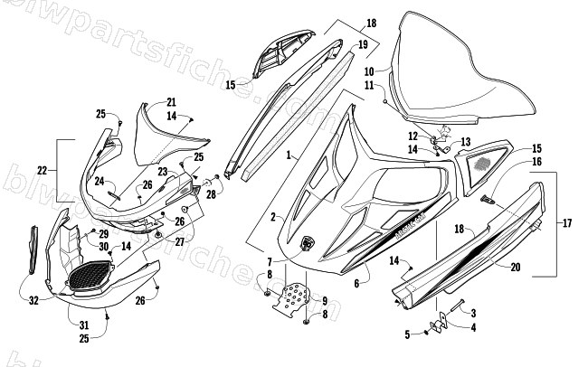 HOOD, WINDSHIELD, AND FRONT BUMPER ASSEMBLY diagram