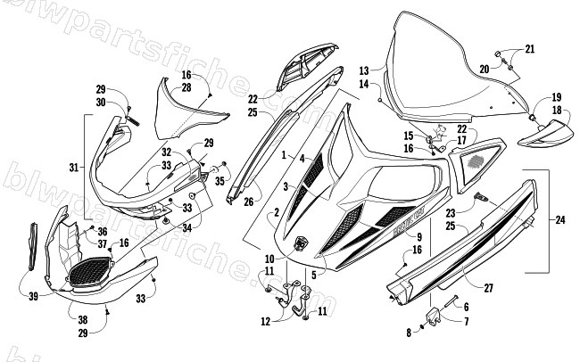 HOOD, WINDSHIELD, AND FRONT BUMPER ASSEMBLY diagram