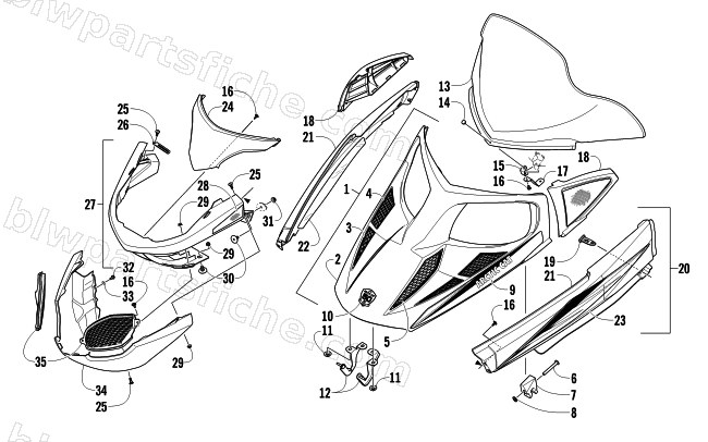 HOOD, WINDSHIELD, AND FRONT BUMPER ASSEMBLY diagram