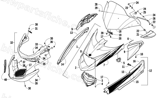 HOOD, WINDSHIELD, AND FRONT BUMPER ASSEMBLY diagram