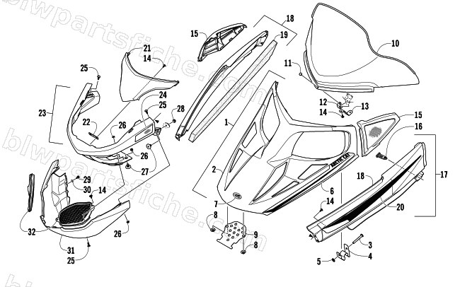 HOOD, WINDSHIELD, AND FRONT BUMPER ASSEMBLY diagram